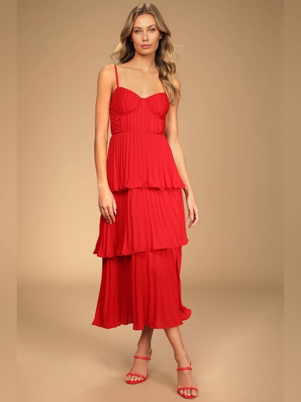 Lulus Cascading Crush Red Tiered Bustier Midi Dress